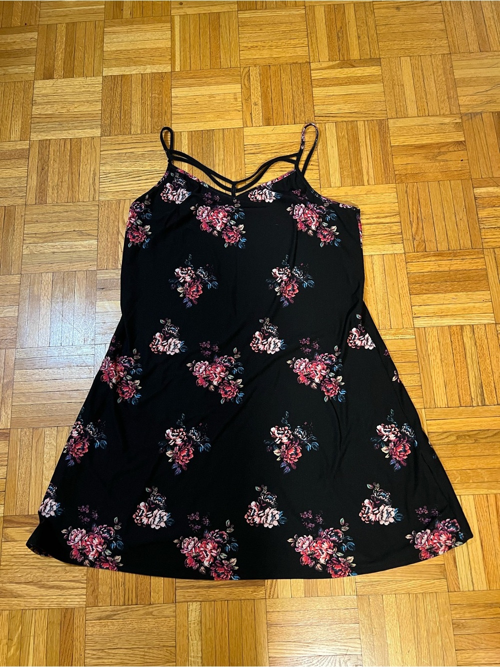 Y2K Whimsygoth Mudd Black Floral Lace-Trim Slip Dress with Pink Rose Clusters XL